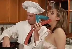 Sommelier des vins prepares sexy brunette's bedraggled pussy for hardcore fucking with different larder seasonings