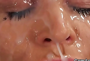 Sexy indulge gets cumshot on her face engulfing all the love juice