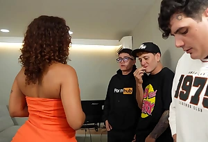 Nerd guys fuck their LATINA boss with a GIANT ass with an increment of fill her pussy with an increment of face with cum